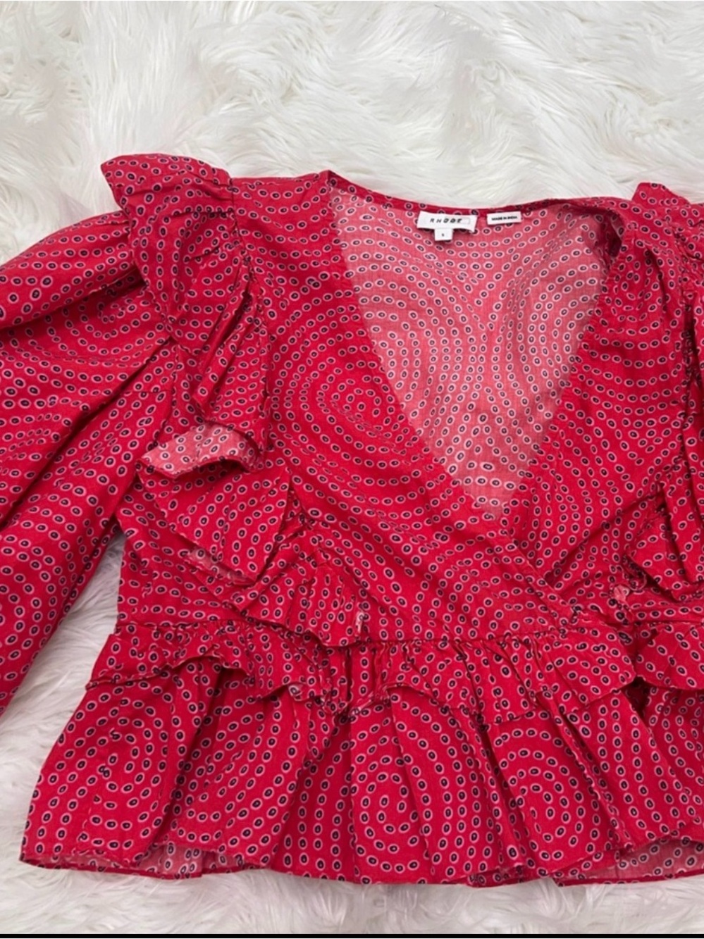RHODE Red Swirl Ruffle Peplum Blouse - Picture 3 of 5